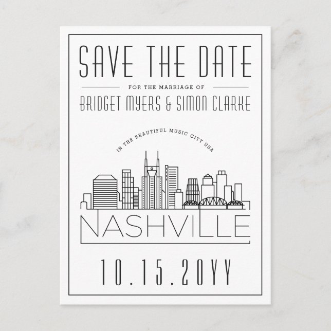 Nashville Wedding | Stylized Skyline Save the Date Postcard (Front)