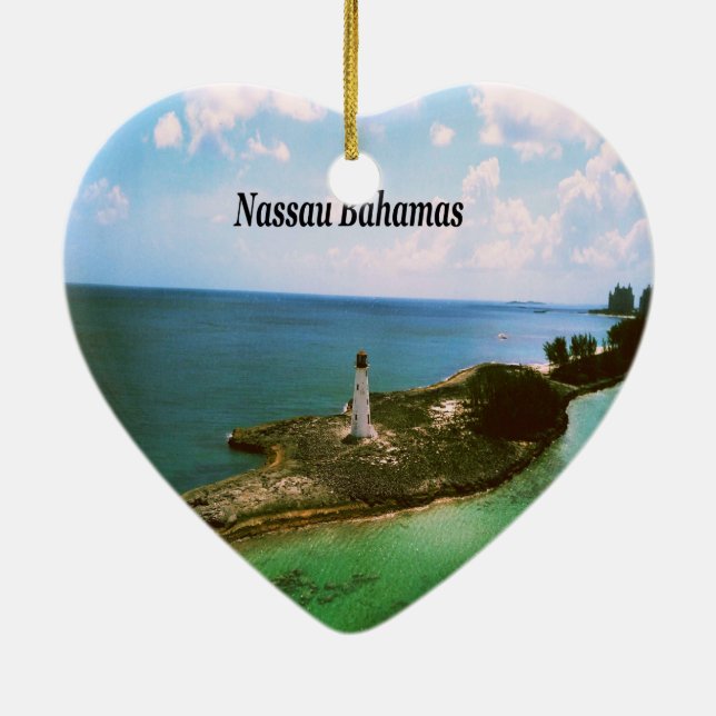 Nassau Bahamas, lighthouse  in harbor Ceramic Ornament (Back)