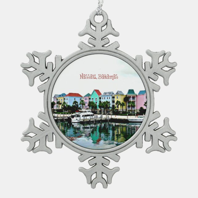 Nassau Bahamas marina Snowflake Pewter Christmas Ornament (Front)