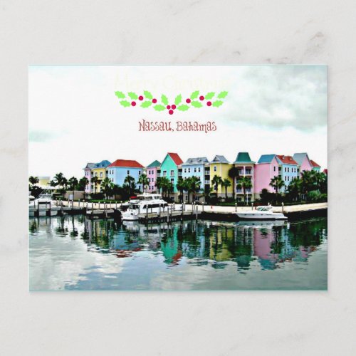Nassau Bahamas marina with festive holly postcard