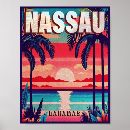 Nassau Bahamas Retro Sunset Souvenir 1950s Poster