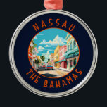 Nassau Bahamas Travel Art Vintage Metal Ornament<br><div class="desc">Nassau retro vector travel design. It lies on the island of New Providence,  with neighboring Paradise Island accessible via Nassau Harbor bridges.</div>