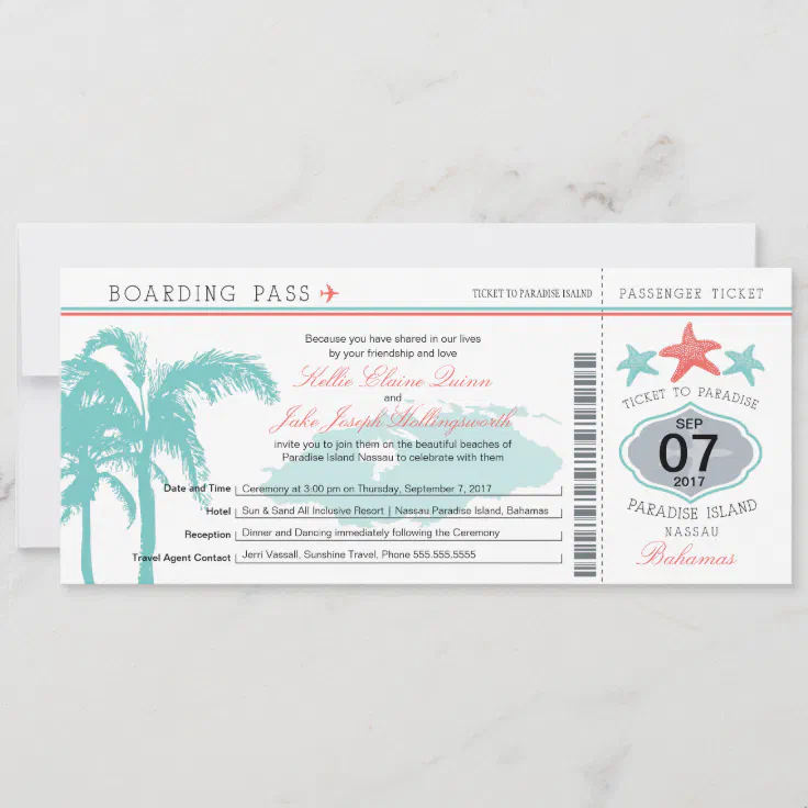 Nassau Bahamas Wedding Boarding Pass Invitation | Zazzle