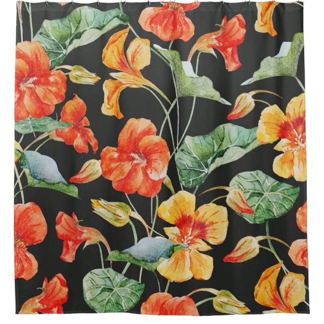 Nasturtium Orange: Watercolor Dark Pattern. Shower Curtain (Front)