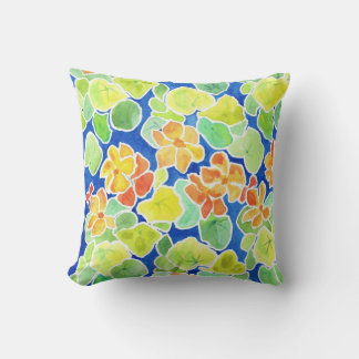Nasturtiums Red Blue Green Floral Pattern Throw Pillow