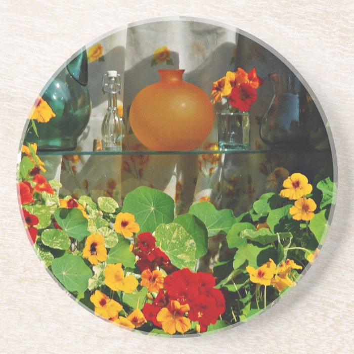 Nasturtiums with glass bottles flowers coaster