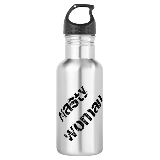 Nasty Woman, grungy black text on silver Water Bottle (Front)
