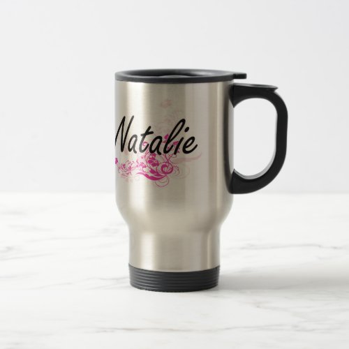 Natalie Artistic Name Design with Flowers Travel Mug