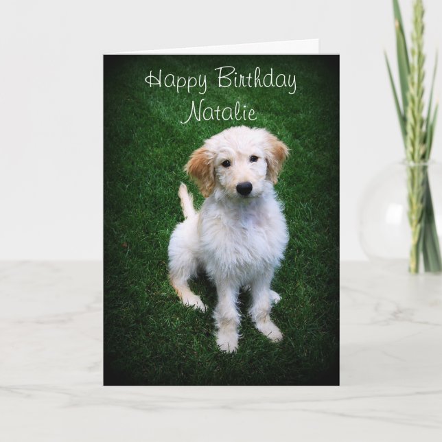 Natalie Happy Birthday Golden Doodle Puppy Card (Front)