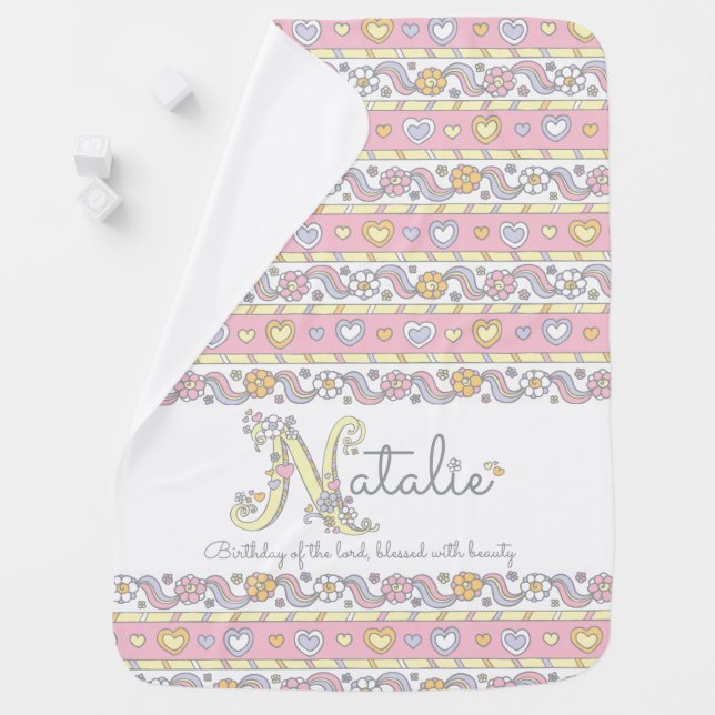 Natalie name and meaning hearts girls baby blanket (In Situ)
