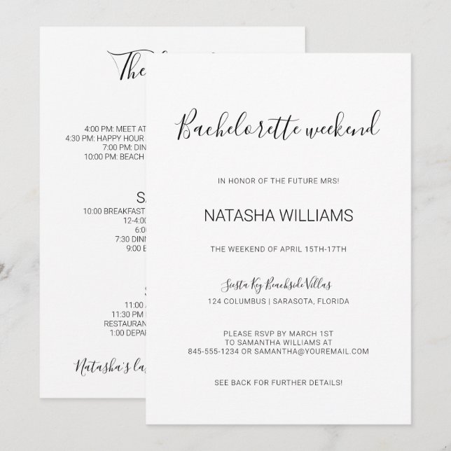 Natasha Chic Bachelorette Weekend with Itinerary Invitation (Front/Back)