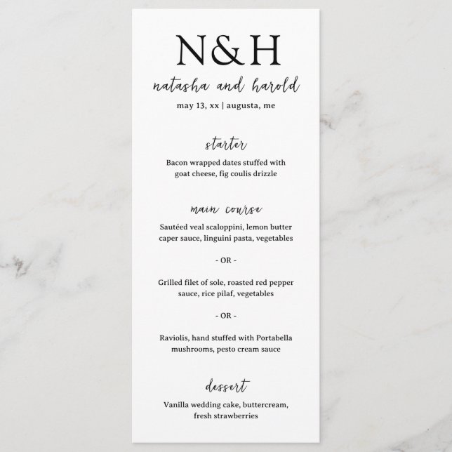 Natasha Monogram Modern Wedding Menu (Front)