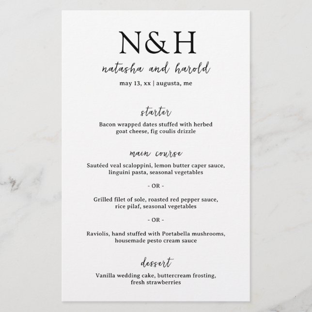 Natasha Monogram Modern Wedding Menu Flyer (Front)
