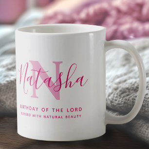 Natasha name meaning and monogram pink text coffee mug