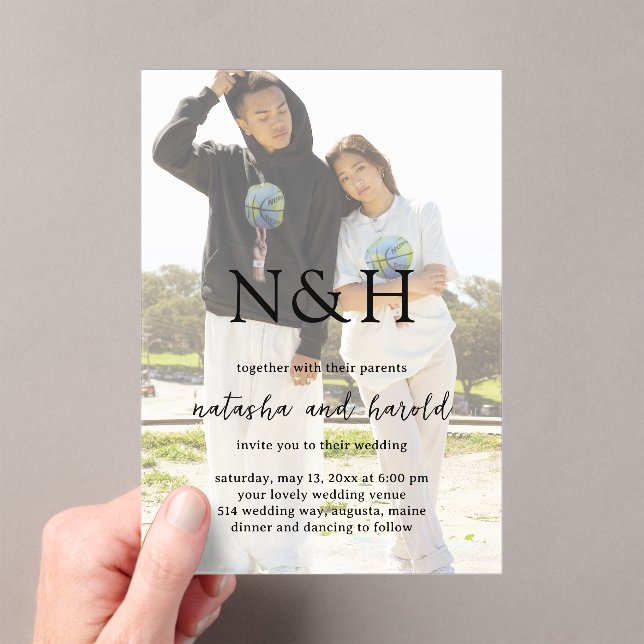 Natasha Photo Monogram Modern Wedding Acrylic Invitations (Insitu (Handheld))