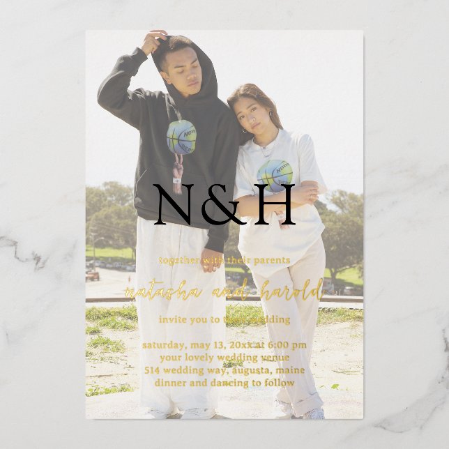 Natasha Photo Monogram Modern Wedding Foil Invitation (Front)