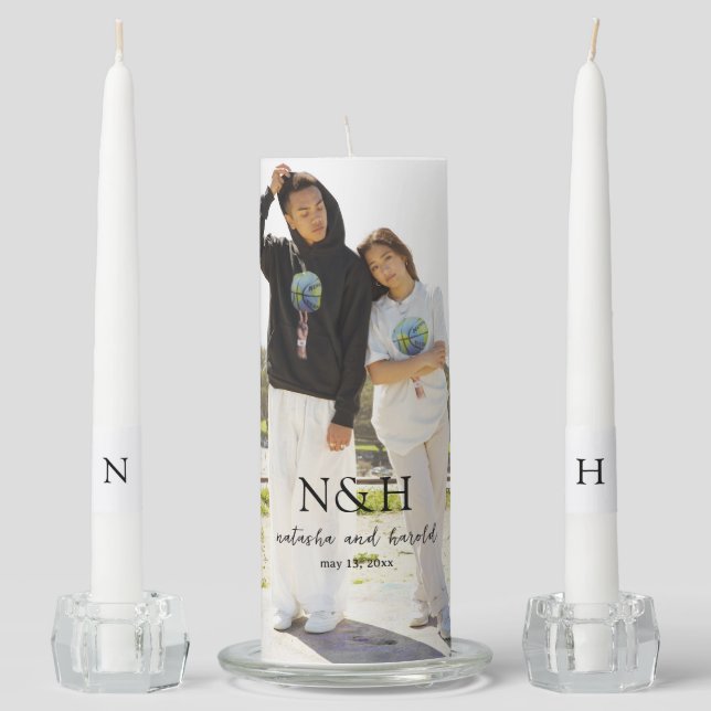 Natasha Photo Monogram Modern Wedding Unity Candle Set (Front)