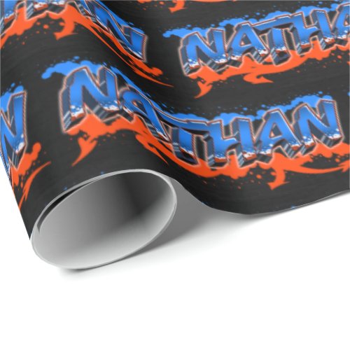 Nathan first name name Graffiti blue orange Wrapping Paper