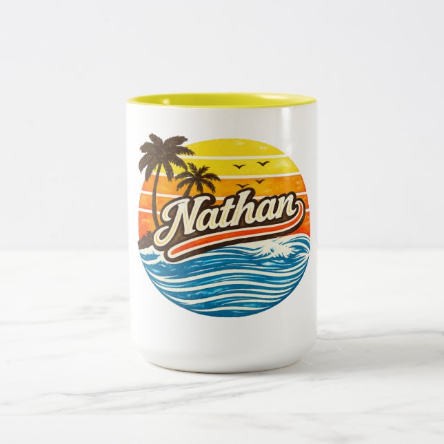 Nathan Retro Sunset Name Design Two-Tone Coffee Mug (Center)