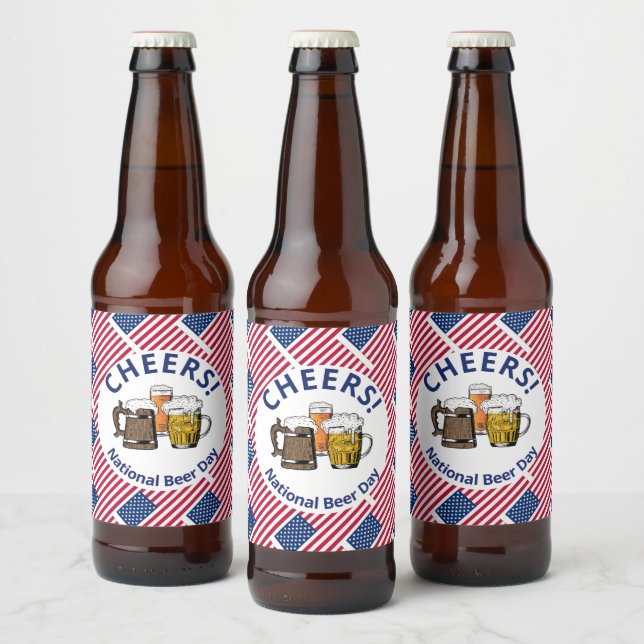 National Beer Day USA Flag Cartoon Beers Cheers Beer Bottle Label (Bottles)