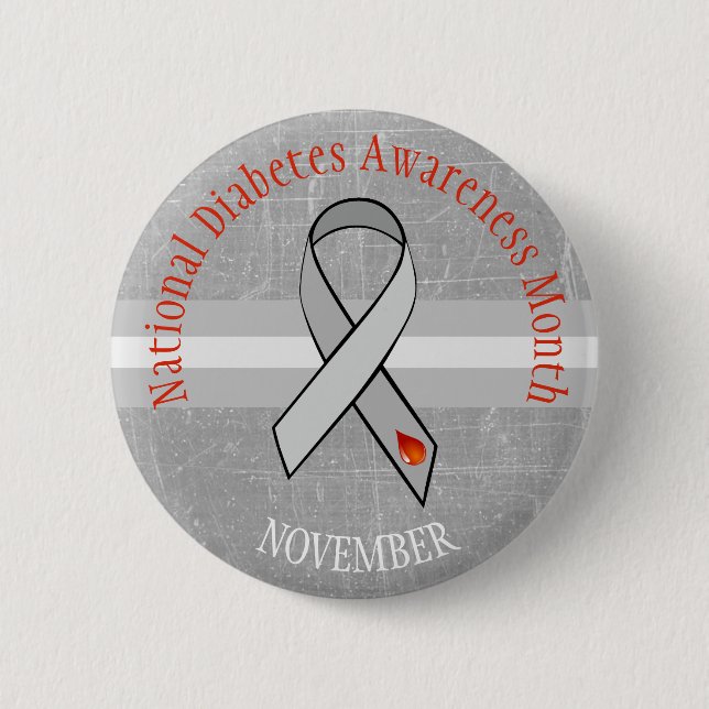 National Diabetes Month Gray Red Awareness Button (Front)