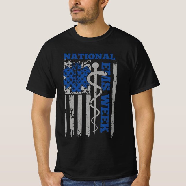 National EMS Week USA Flag Emergency Medical Servi T-Shirt (Front)