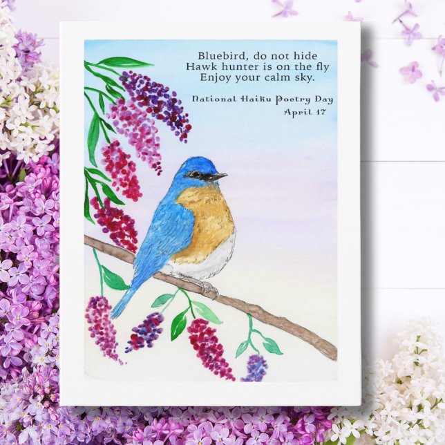 National Haiku Watercolor Blue Bird In Lilac Tree Postcard (Creator Uploaded)
