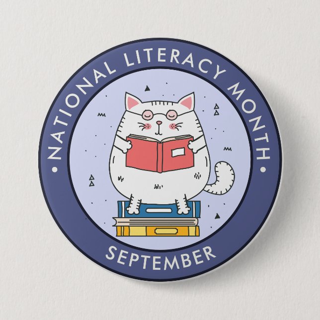 National Literacy Month, reading cat blue Button (Front)
