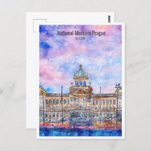 National Museum Prague Travel Place Watercolor Postcard