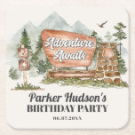 national park birthday party coaster<br><div class="desc">Adventure Awaits with this fun National Park themed printable birthday collection! This woodland design is the perfect way to celebrate your nature loving little one's birthday in a fun and unique way. The woodland design features forest and mountains great for an outdoor birthday for a boy. ★ Let me help...</div>