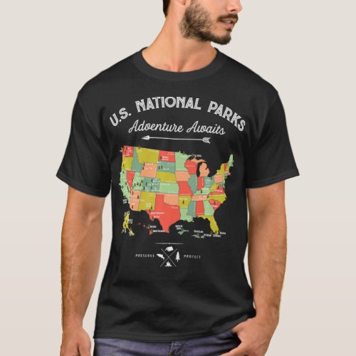 National Park Map  Camping s Women Men Hiking 2  T_Shirt