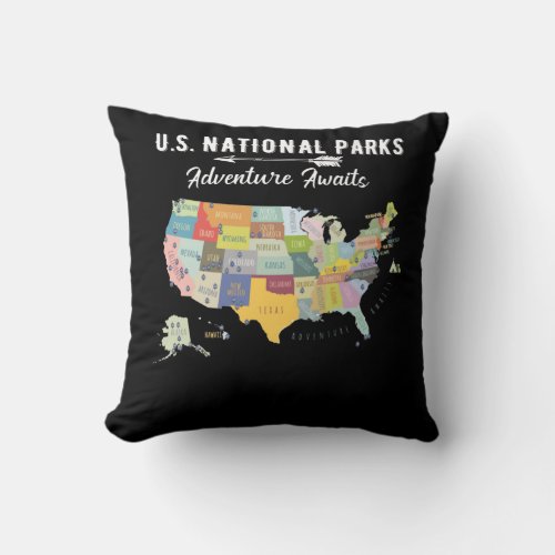 National Parks Map Camping tshirt Women Men Hiking Throw Pillow