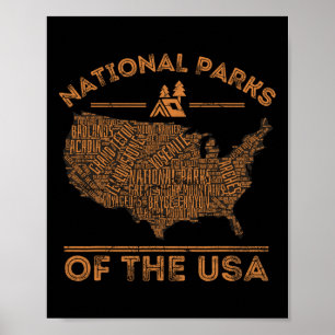 National Parks Map Hiking Travel Camping Outdoors  Poster