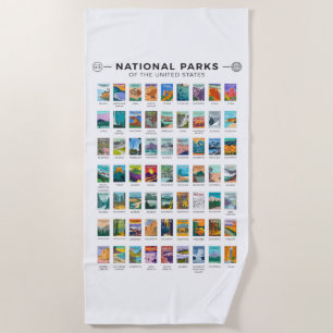 National Parks of The United States List Vintage Beach Towel