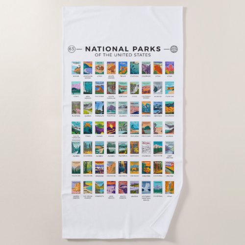 National Parks of The United States List Vintage Beach Towel