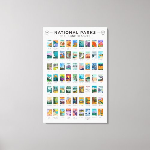 National Parks of The United States List Vintage Canvas Print