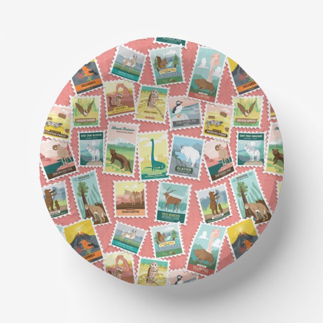 National Parks Stamps in Pink Paper Bowls (Front)