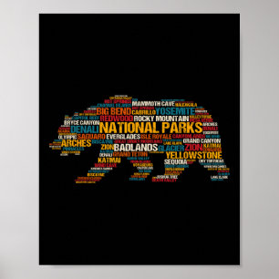 National Parks Usa List Word Cloud Bear Camping An Poster