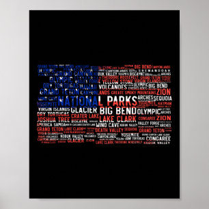 National Parks Usa List Word Cloud Us Flag Camping Poster