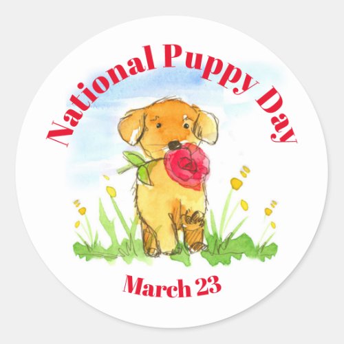 National Puppy Day March 23 Watercolor Dog Classic Round Sticker
