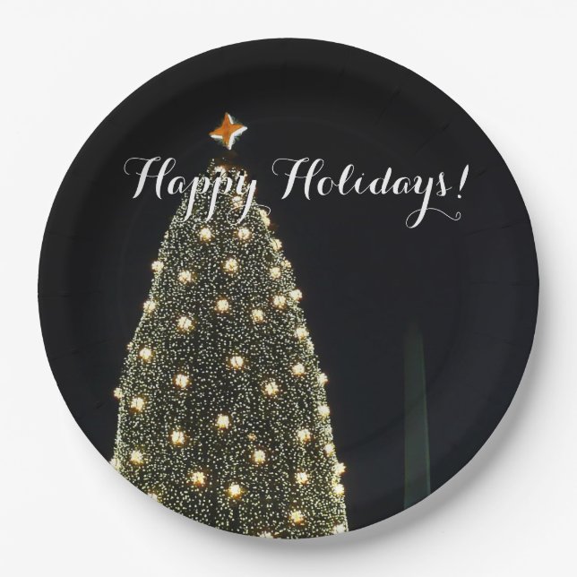 National Xmas Tree & Washington Monument at Night Paper Plates (Front)
