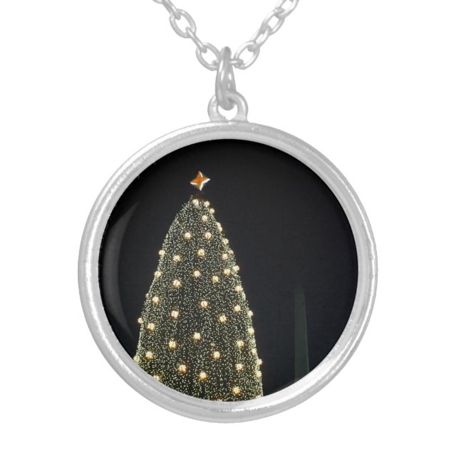 National Xmas Tree & Washington Monument at Night Silver Plated Necklace (Front)