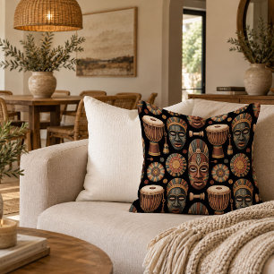 Native African Drum And Mask Throw Pillow Design