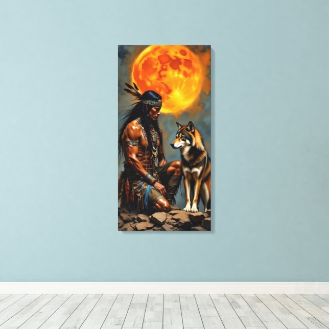 Native American and Wolf Canvas Print (Insitu(Wood Floor))