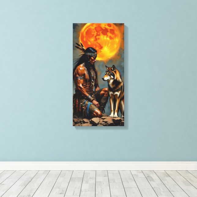 Native American and Wolf Canvas Print (Insitu(Wood Floor))