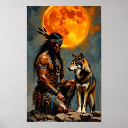 Native American and Wolf Poster