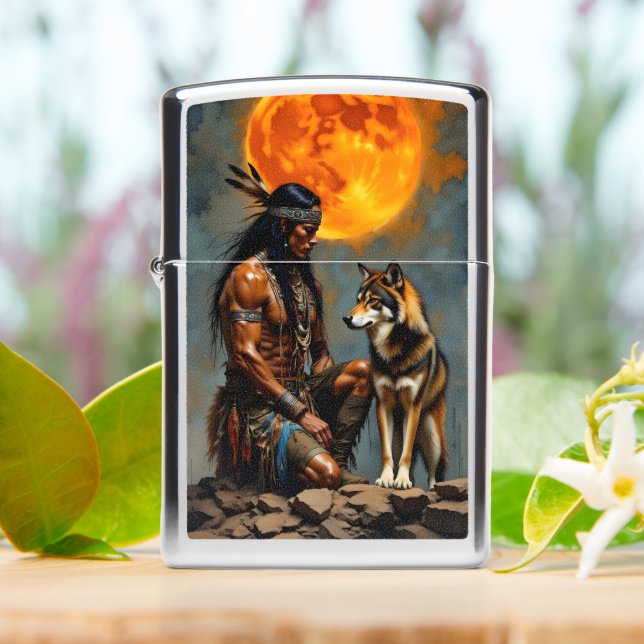 Native American and Wolf Zippo Lighter (On Table)
