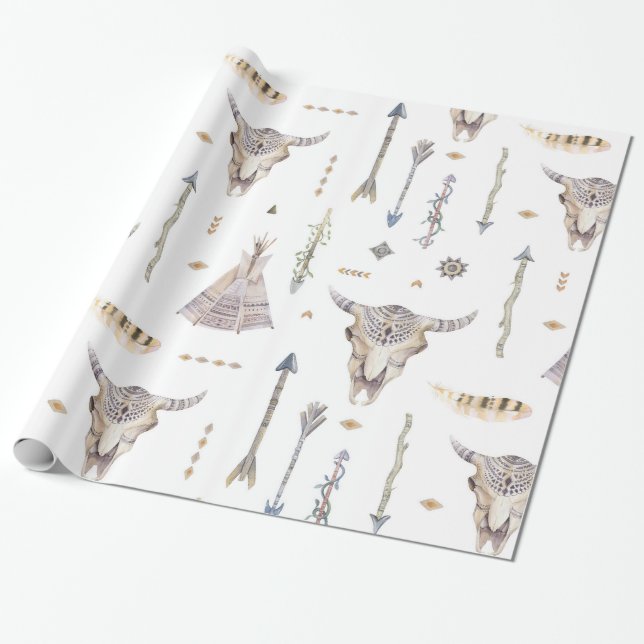 Native American Arrows Skull Teepee Wrapping Paper (Unrolled)