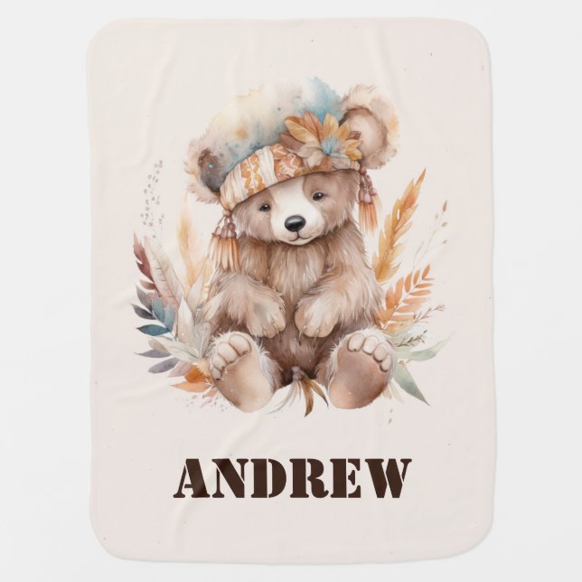 Native American Baby Bear Monogrammed Baby Blanket (Front)