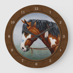 Native American Bay Pinto Horse Brown Large Clock